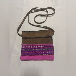 Guatemalan Cross Body Purse Pink Brown Striped Boho Pocket 8”x 8” Small